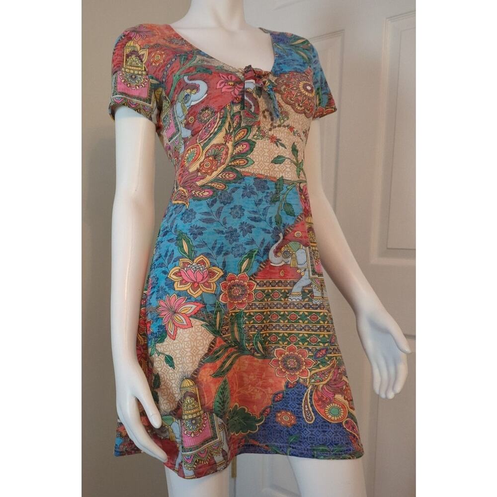 Peace + Love Owls Multi Color Short Sleeve V Neck Boho Mini Dress Women's Size M
